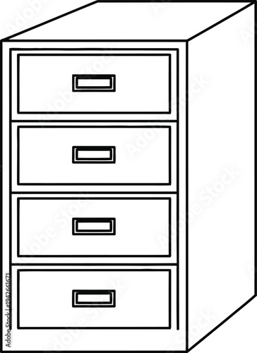 A black and white line art drawing of a four-drawer vertical filing cabinet used for document storage and organization in an office setting.