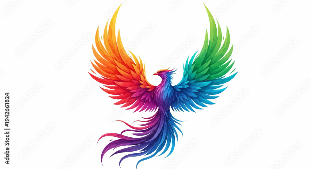 Fototapeta premium Stylized phoenix with vibrant, rainbow-colored feathers in full wing spread