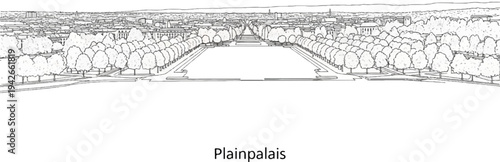 Expansive tree-lined promenade leading to a city skyline with distant hills