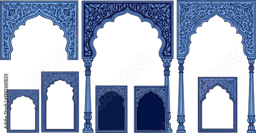Ornate blue architectural arches and frames with intricate floral patterns