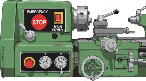 Green industrial lathe machine with control panel, levers, and chuck