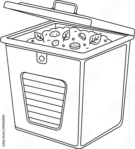 Line art drawing of an open compost bin filled with organic waste and leaves for eco-friendly recycling and gardening.
