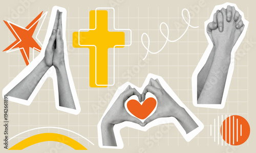 Christian halftone collage with folded in prayer hands, christian cross, hands forming a heart and abstract shapes. Vector isolated elements