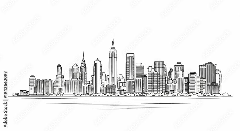 Obraz premium Stylized black and white sketch of a city skyline with diverse tall buildings