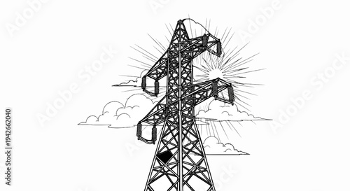 Stylized black and white illustration of a power transmission tower under sunburst