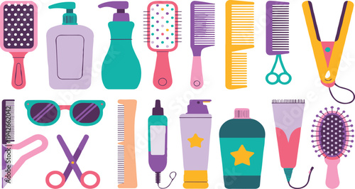Colorful collection of hair care tools and beauty products on white background