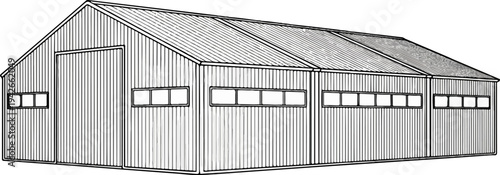 A large, corrugated metal structure with a pitched roof and multiple windows