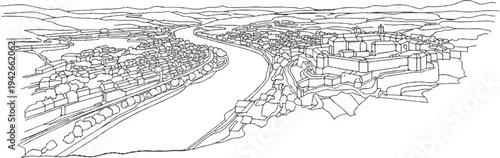 Panoramic sketch of a winding river through a hilly town with a fortified castle