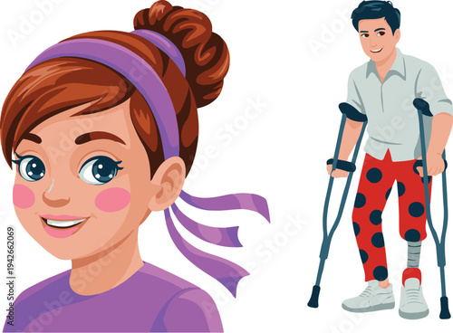 Cartoon girl with purple headband and man on crutches with broken leg recovery