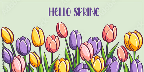 Colorful vector illustration of yellow, purple and pink tulips in a framed pastel scene with HELLO SPRING text, a cheerful spring greeting card layout. 