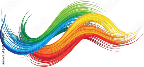 Vibrant, flowing brush strokes in rainbow colors form dynamic, abstract curves