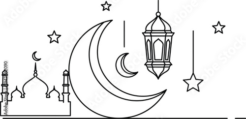 Elegant line art vector illustration of Islamic religious symbols including a mosque, crescent moon, and hanging lantern for ramadan eid celebration.