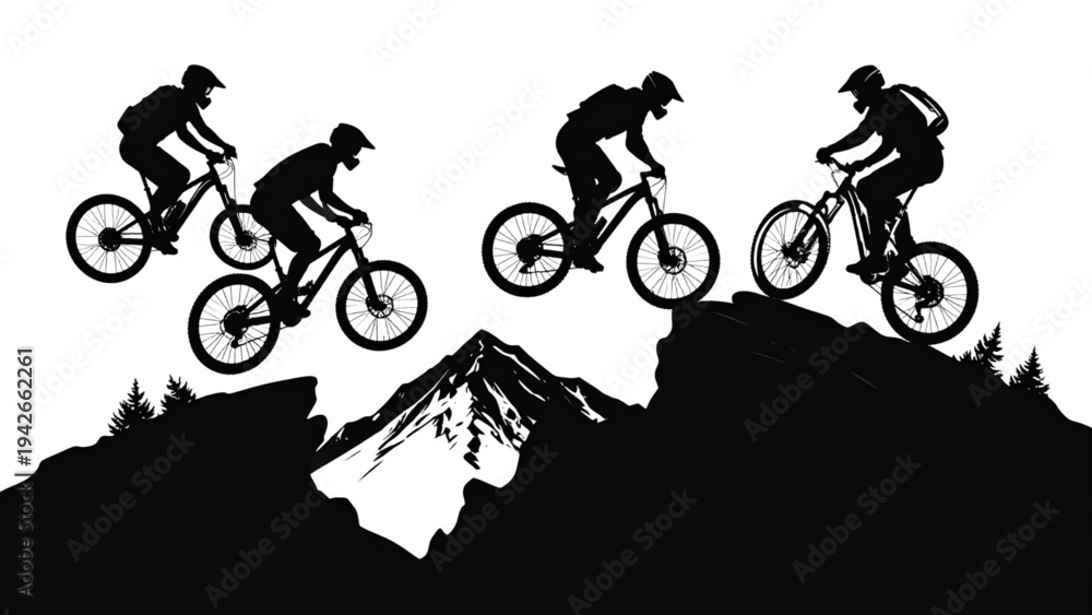 Fototapeta premium Mountain Biker Silhouettes on Rocky Terrain – Outdoor Cycling Adventure Vector