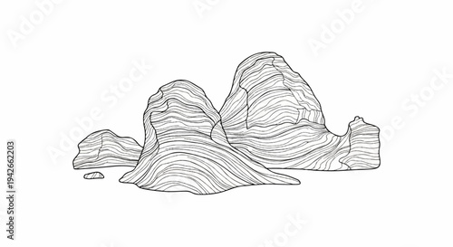 Stylized line art illustration of layered rock formations on a white background