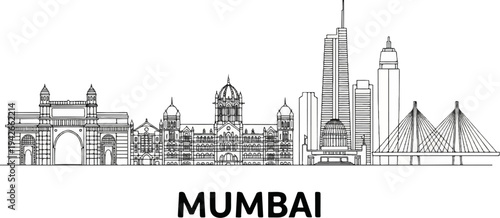 Stylized line art skyline of Mumbai, India, featuring iconic landmarks