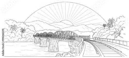 Scenic railway bridge over a river with mountains and sun