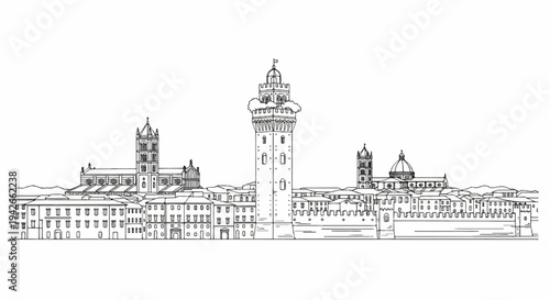 Stylized line drawing of a European city skyline featuring towers and domes