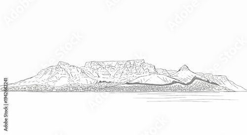 Stylized outline of a city nestled at the base of a large flat-topped mountain