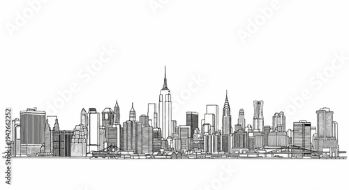 Detailed ink sketch of a prominent city skyline with varied architecture