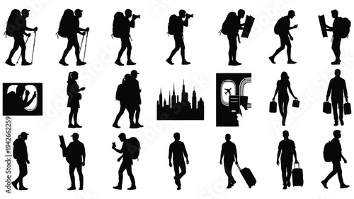Diverse collection of human silhouettes illustrating travel, adventure, and lifestyle activities, from hiking and exploration to urban journeys and leisure pursuits, ideal for design