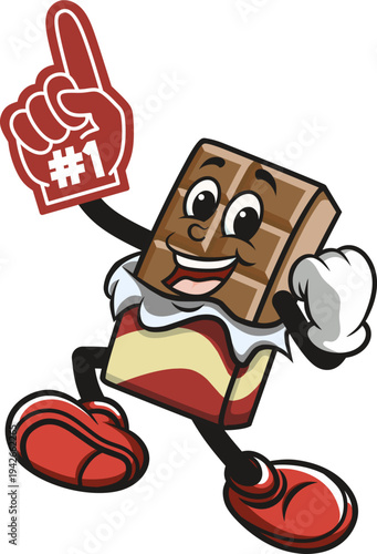 cartoon character chocolate is jumping and gesturing with forefinger