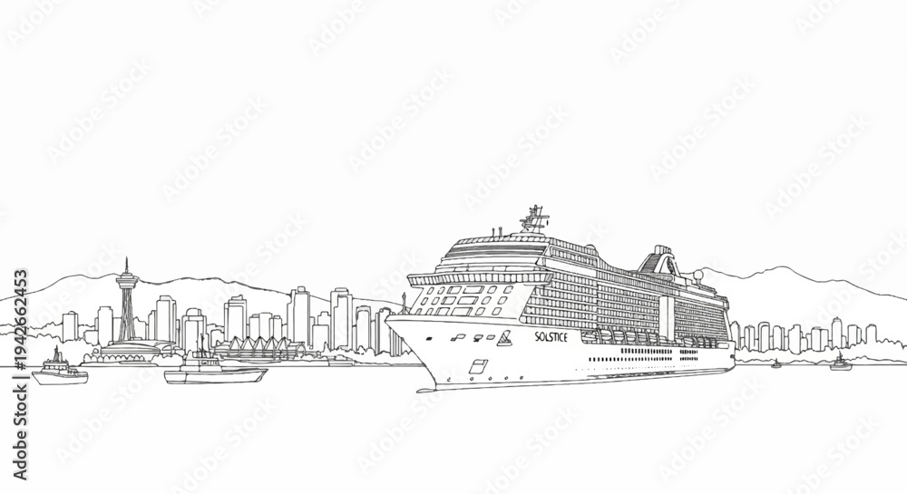 Fototapeta premium Sketch of a large cruise ship at sea with a city skyline and mountains in the background