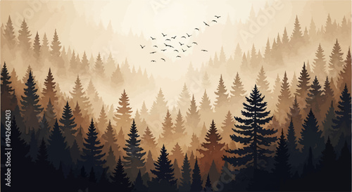 Silhouette of a dense pine forest bathed in warm, hazy sunlight, with birds flying above