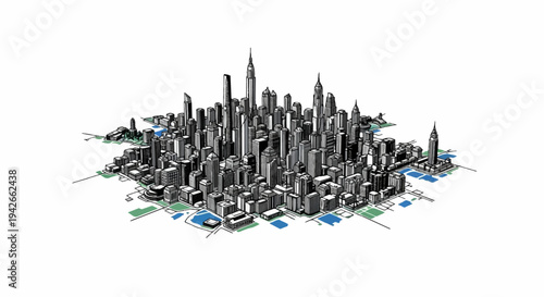 Detailed aerial sketch of a dense city skyline with distinct skyscrapers and water features