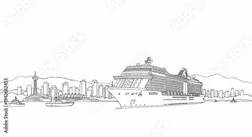 Sketch of a large cruise ship at sea with a city skyline and mountains in the background