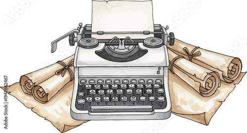 Vintage typewriter with rolled parchment scrolls tied with string