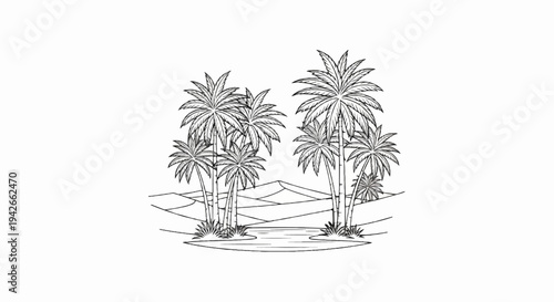 Stylized illustration of a desert oasis with palm trees and water