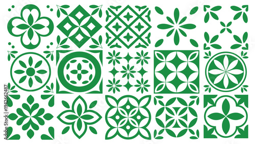 Intricate green floral and geometric patterns arranged in a colorful grid design