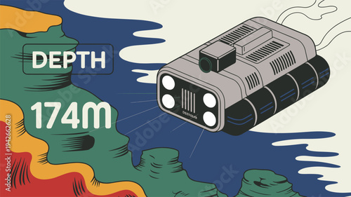 Marine exploration robot measuring ocean depth. Scientific underwater robot measuring ocean depth and collecting research data.