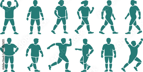 Collection of green silhouette people in various poses and movements on white background