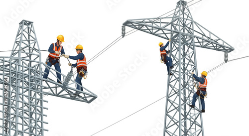 Workers in safety gear perform maintenance on tall electrical transmission towers