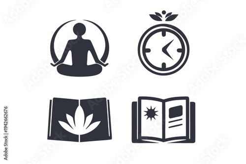Set of Graphics with Yoga, Clock, Book with Leaf on White Background