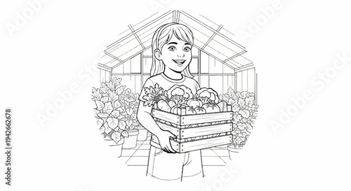 Young girl with harvested vegetables in a greenhouse