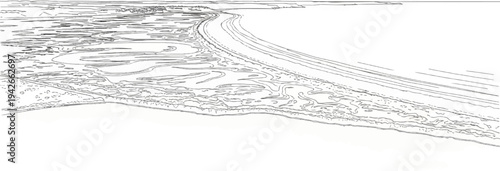 Stylized sketch of coastal landscape with winding waterways and sandy shores