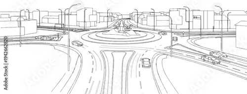 Urban intersection with traffic circle, buildings, streetlights, and cars