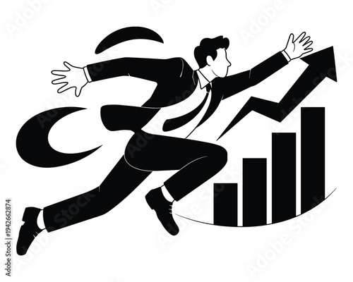 Businessman running up a rising bar graph with arrow