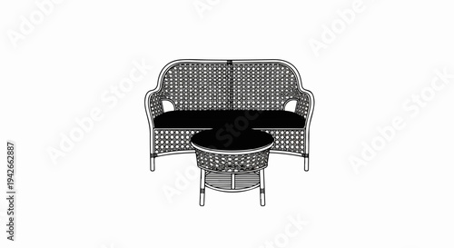 Woven furniture set with a two-seater sofa and a round coffee table