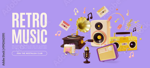 3d Retro Music Join Nostalgia Club Concept Ads Banner Poster Card Cartoon Design Style. Vector illustration