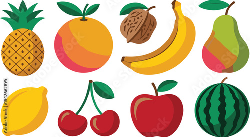 Colorful cartoon illustrations of various fresh fruits on white background for healthy eating concepts