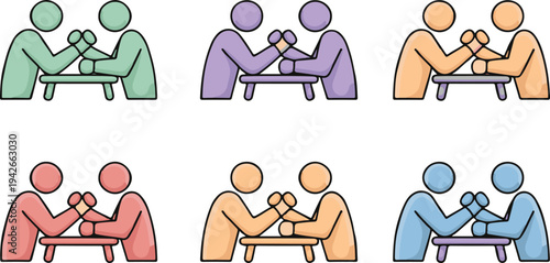 Arm wrestling match between two people in different colorful styles and poses  competitive sport