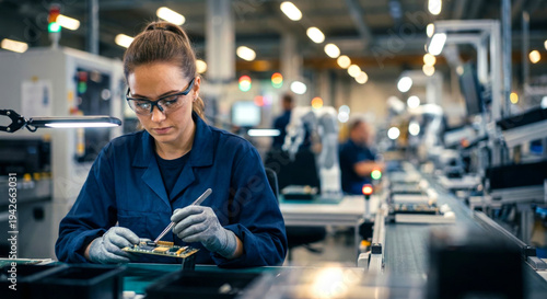 A focused female technician in safety glasses and gloves meticulously works on a circuit board with a precision tool in a brightly lit electronics manufacturing facility.