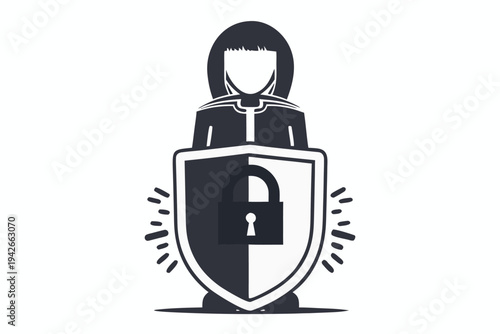 Silhouette Figure with Shield and Padlock on a White Background Icon