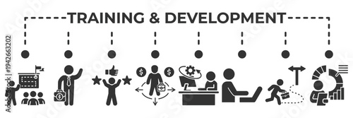 Training and development banner web icon vector illustration for learning and professional growth concept with education, mentoring, skills improvement, coaching, teamwork and career development icons