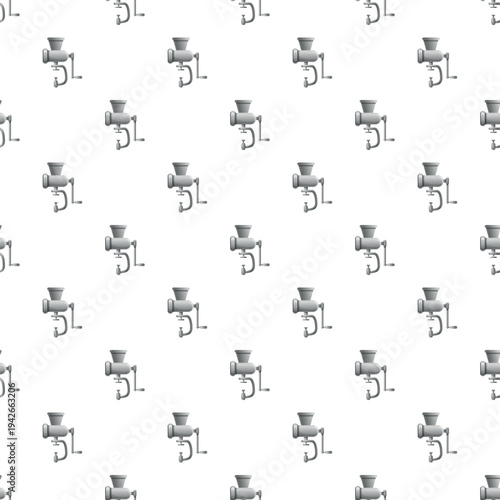 Manual metal meat grinder creating a repeating seamless kitchen appliance pattern