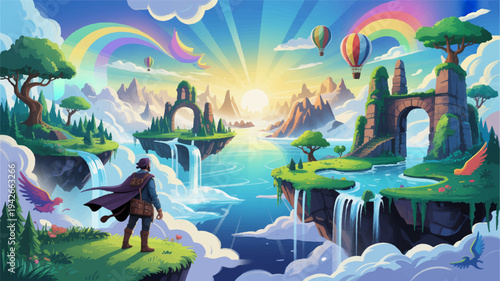 Fantasy landscape with man standing on cliff rainbow waterfalls and hot air balloons in sky