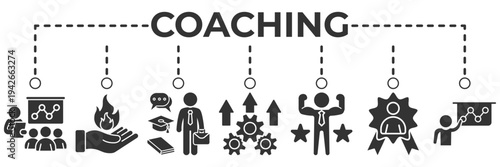Coaching banner web icon vector illustration for mentoring and personal development concept with guidance, leadership support, motivation, skill training and performance improvement icons